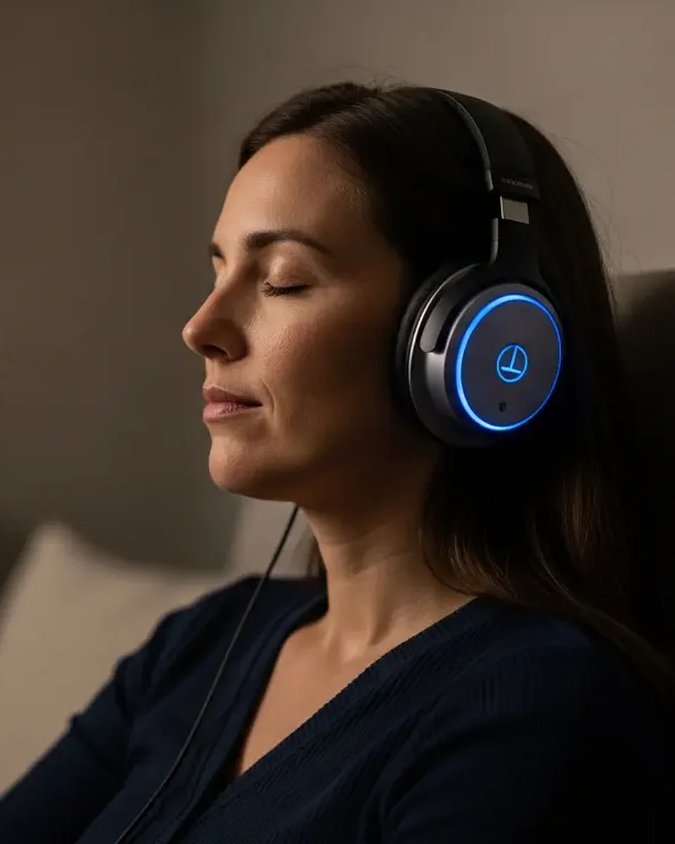 Mujer con los ojos cerrados y auriculares luminosos, respirando con calma en una sala velatorio.